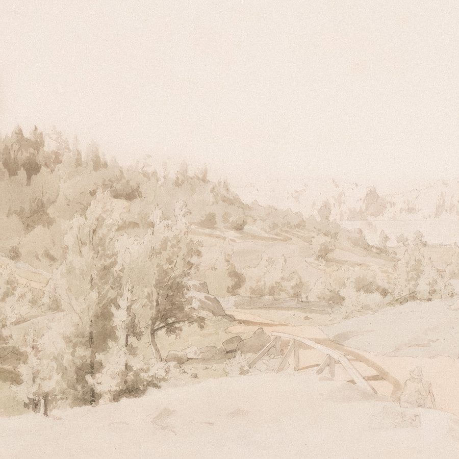 a painting of a snowy landscape with trees